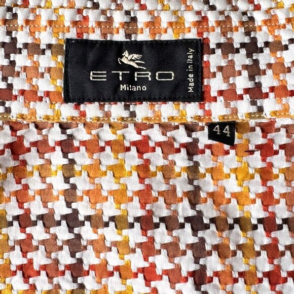 VTG ETRO Shirt Sz.6 Cream Brown Houndstooth Academia Career Italian Old Money - Picture 4 of 14